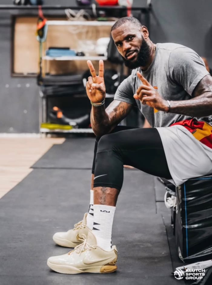 LeBron James poses for a picture after a workout.